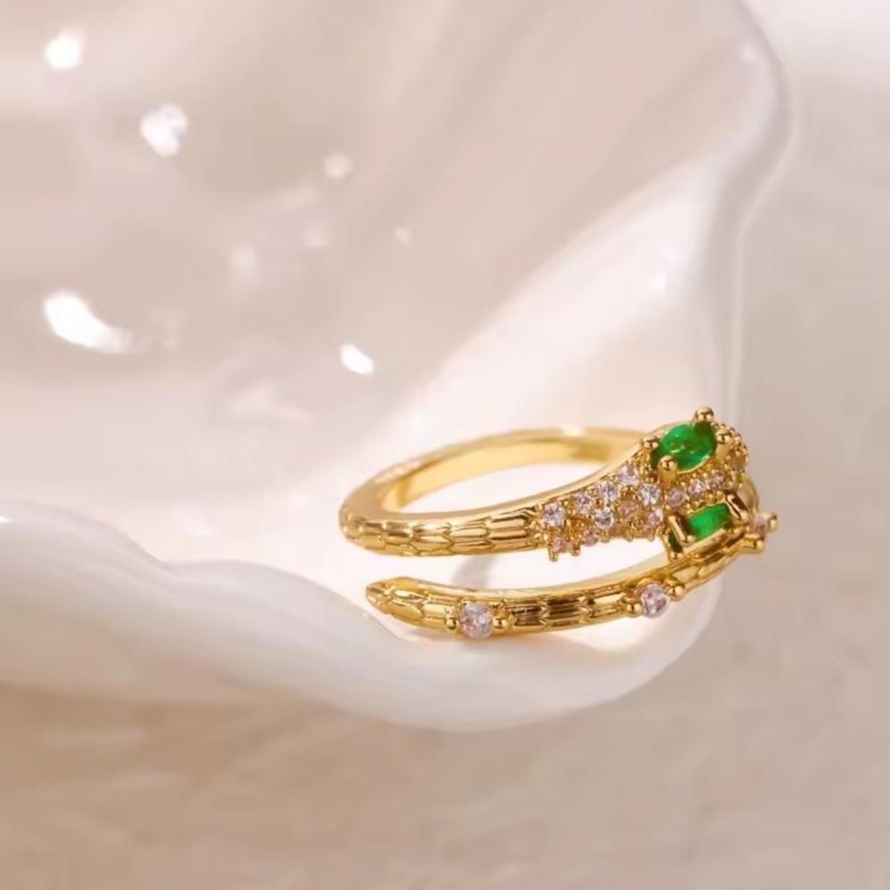 Gold Open Ring with Green and Clear Stones